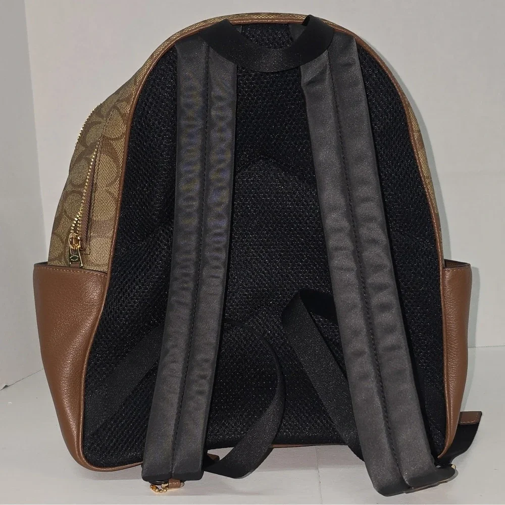 Coach Signature Backpack Brown Tan Gold Hardware Zip Closure Front Zip Pocket